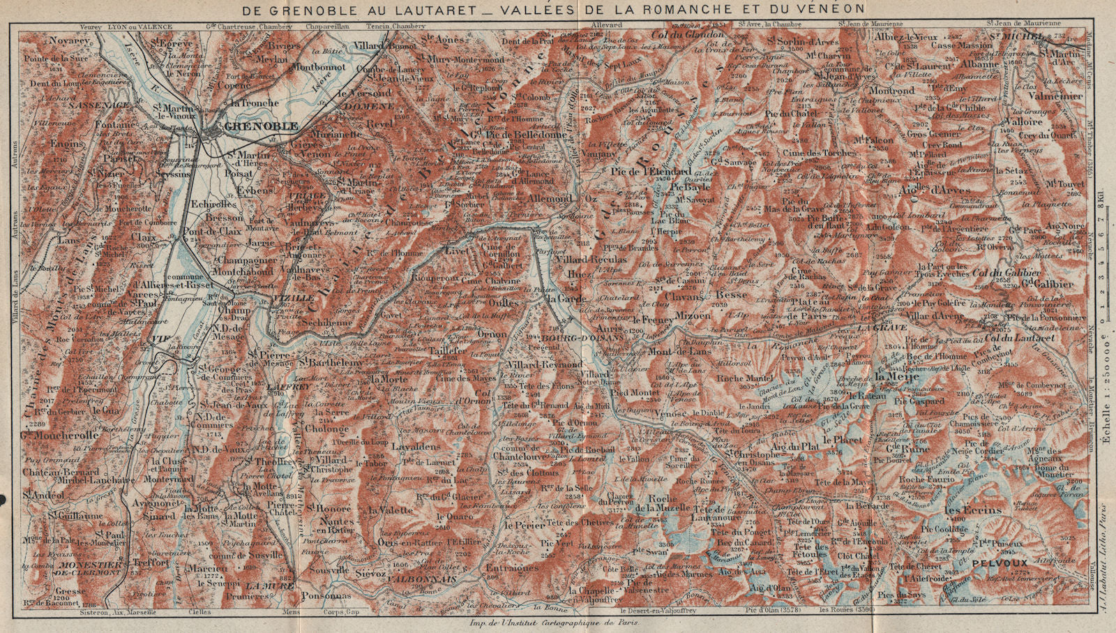 VALLÉES DE LA ROMANCHE & DU VÉNÉON.Grenoble-Lautaret.Alpe d'Huez.Isère 1920 map